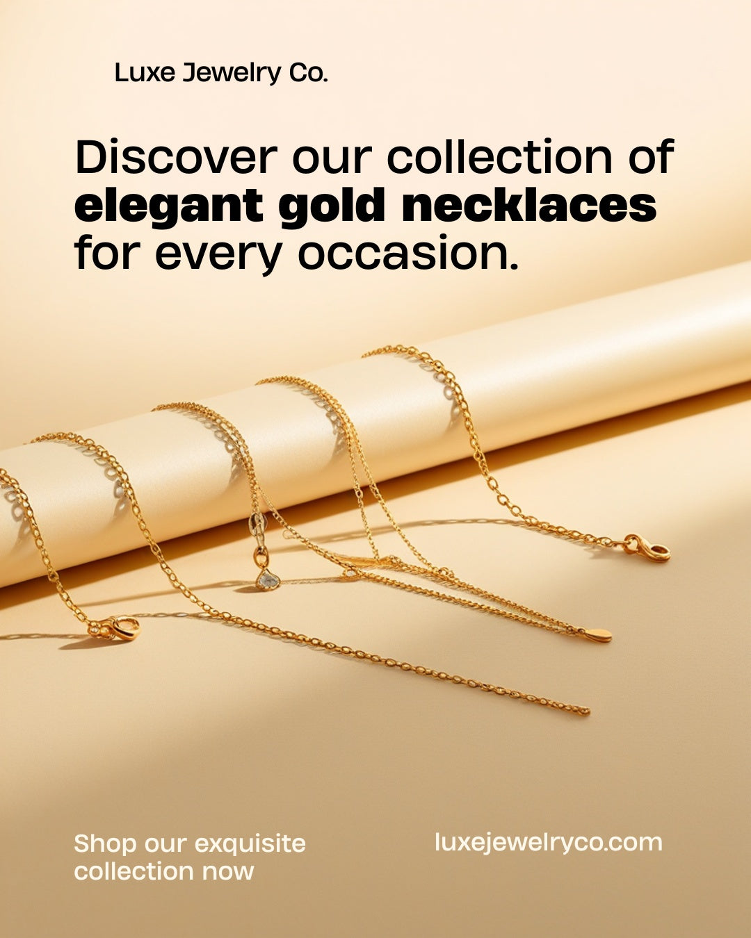 Mezyena Jewelry - Luxury Necklaces Collection. Gold and silver chain necklaces on ivory background.