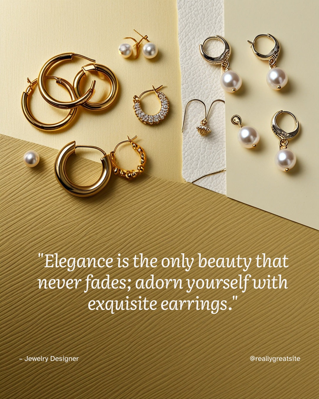 Mezyena Jewelry - Luxury Earrings Collection. Gold hoops and crystal studs on ivory background.