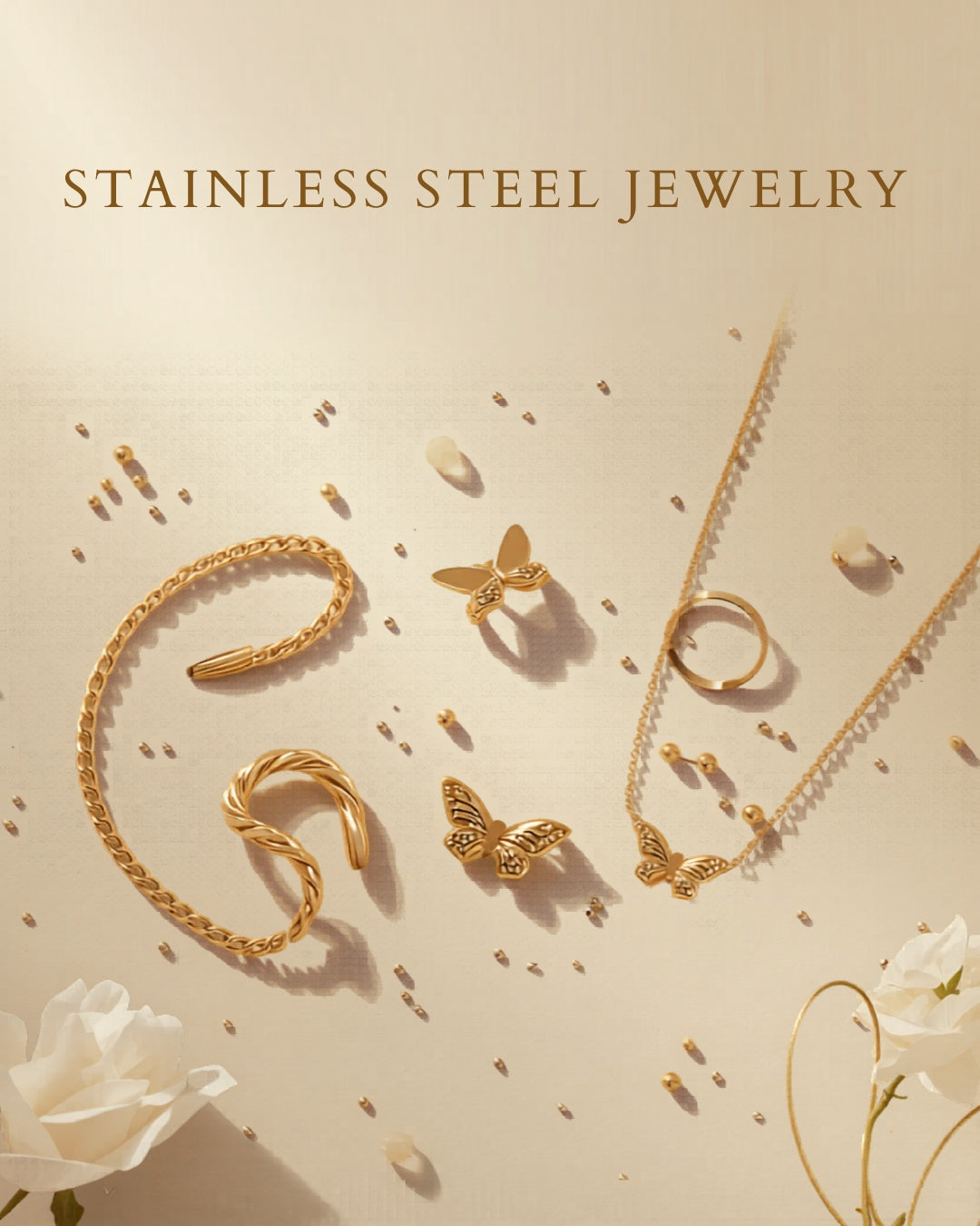 Mezyena Jewelry - Stainless Steel Jewelry Collection. 18K gold-plated tarnish-free pieces for everyday luxury.