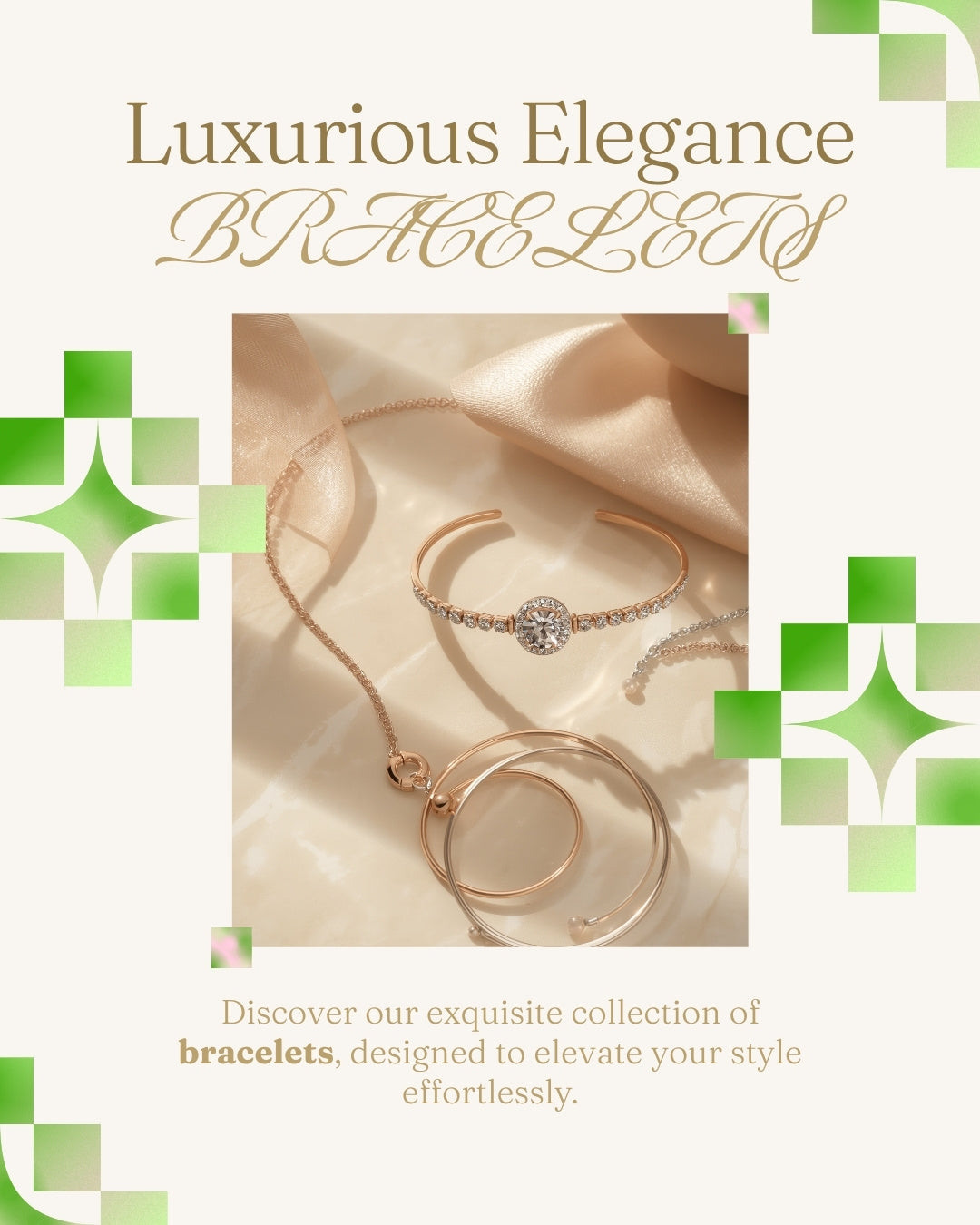 Mezyena Jewelry - Luxury Bracelets Collection. Tennis bracelet and gold chain bracelets on champagne background.