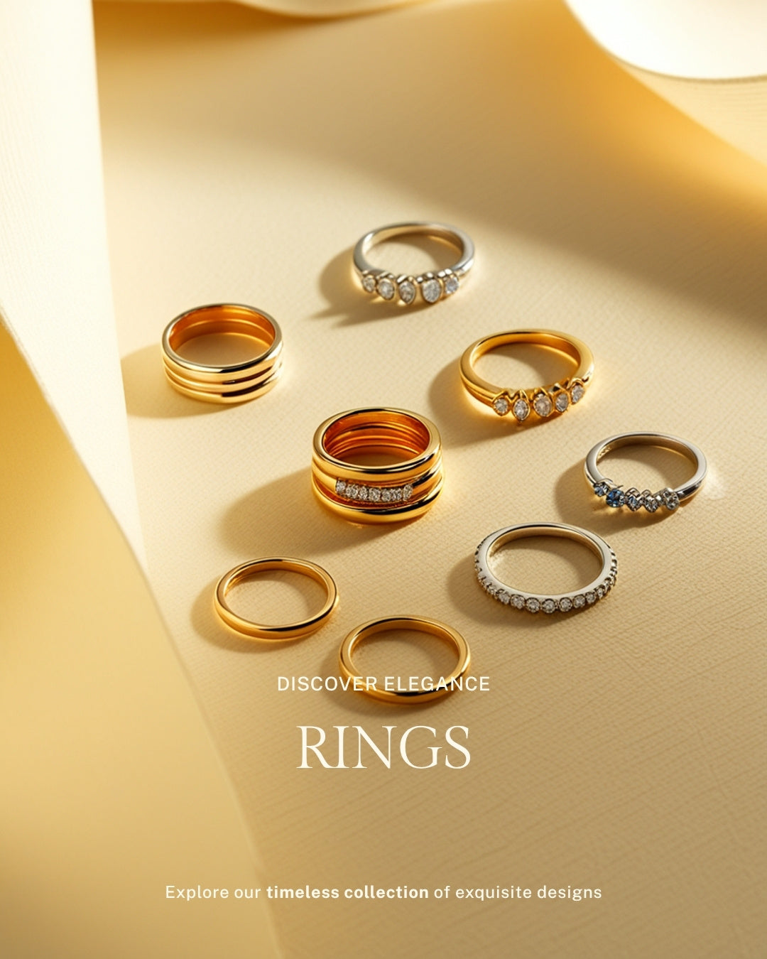 Mezyena Jewelry - Luxury Rings Collection. Gold and silver stacking rings on champagne background.