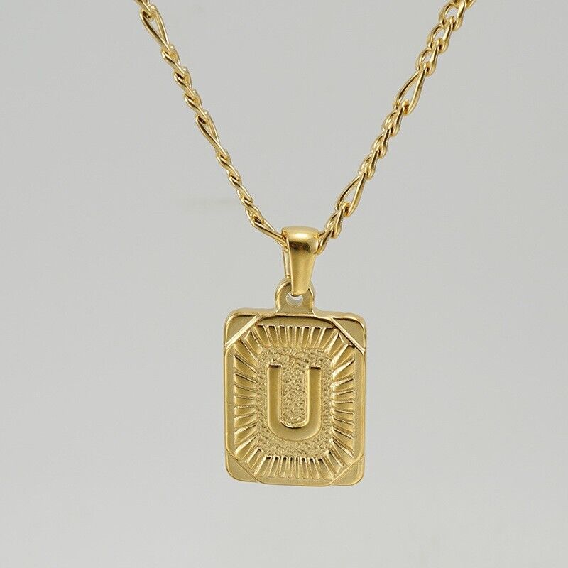 18K Gold-Plated Initial Letter Pendant Necklace — Stainless Steel Figaro Chain