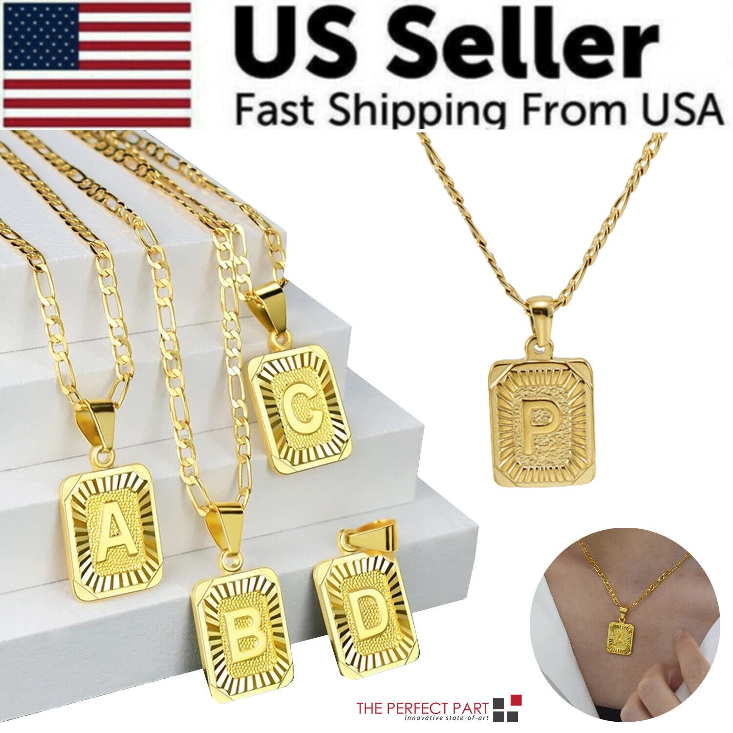 18K Gold-Plated Initial Letter Pendant Necklace — Stainless Steel Figaro Chain