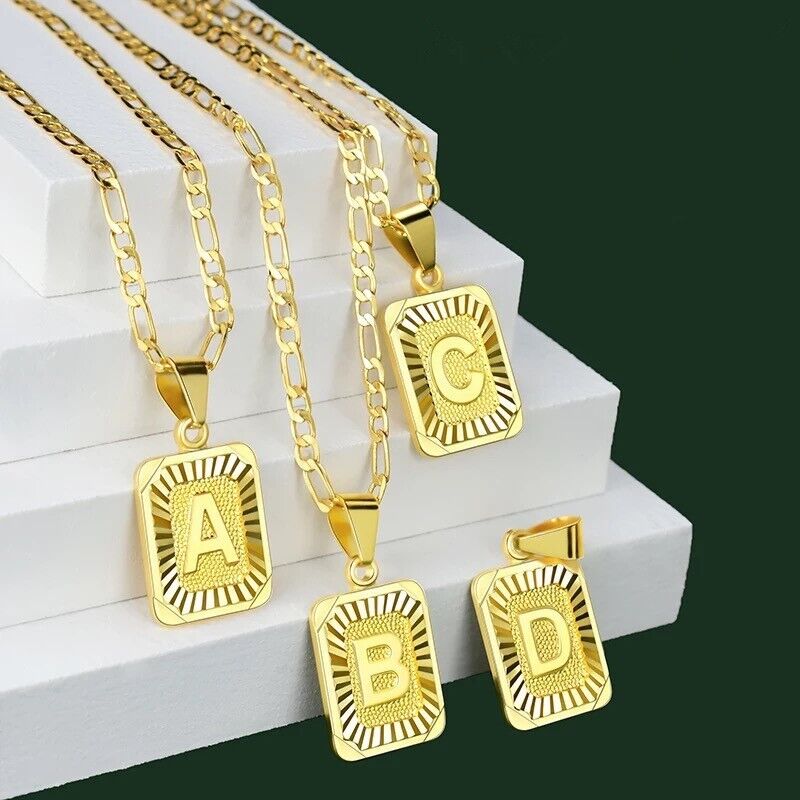 18K Gold-Plated Initial Letter Pendant Necklace — Stainless Steel Figaro Chain