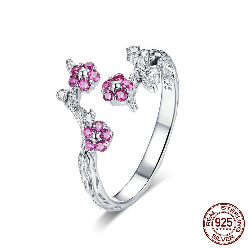 Adjustable Floral Purple Zircon Ring — 925 Sterling Silver