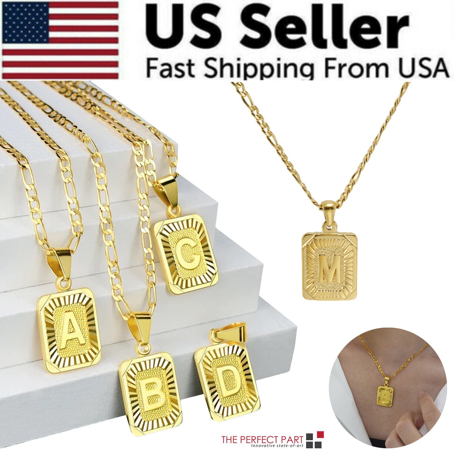 18K Gold-Plated Initial Letter Pendant Necklace — Stainless Steel Figaro Chain