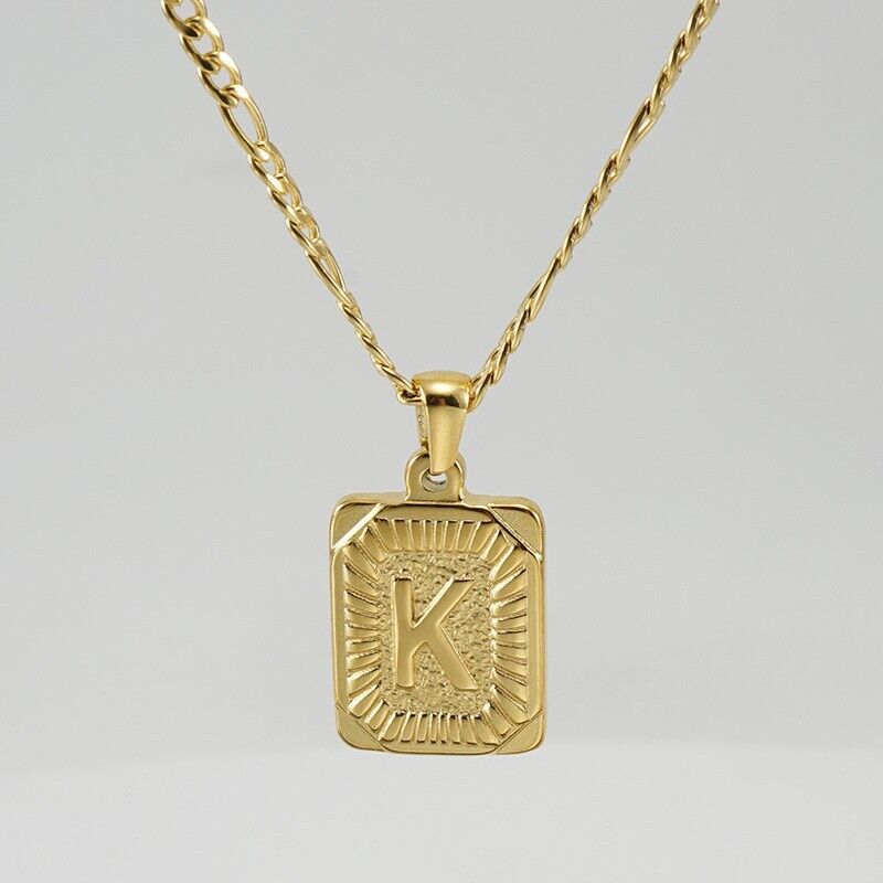 18K Gold-Plated Initial Letter Pendant Necklace — Stainless Steel Figaro Chain