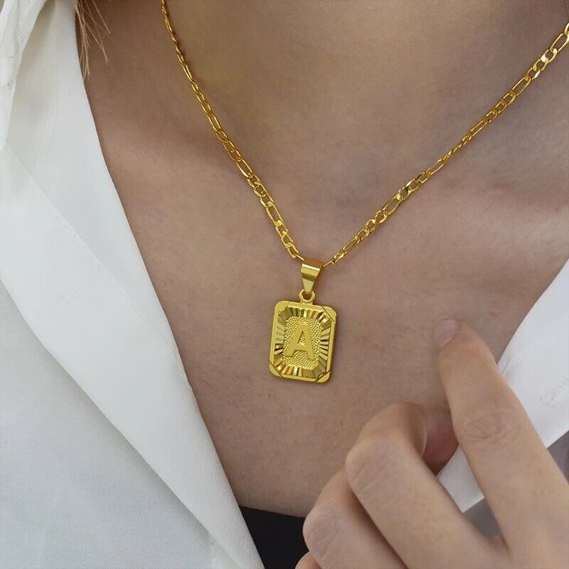 18K Gold-Plated Initial Letter Pendant Necklace — Stainless Steel Figaro Chain