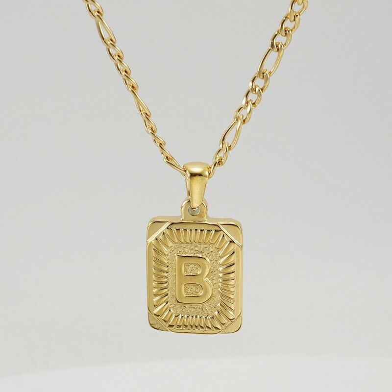 18K Gold-Plated Initial Letter Pendant Necklace — Stainless Steel Figaro Chain