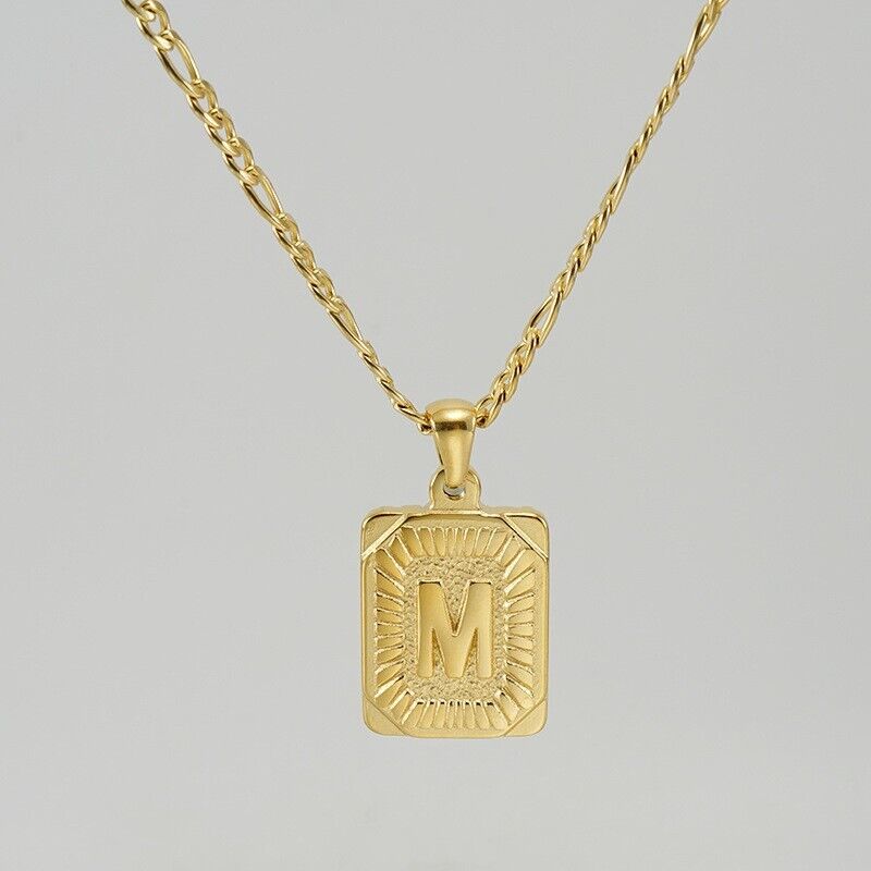 18K Gold-Plated Initial Letter Pendant Necklace — Stainless Steel Figaro Chain
