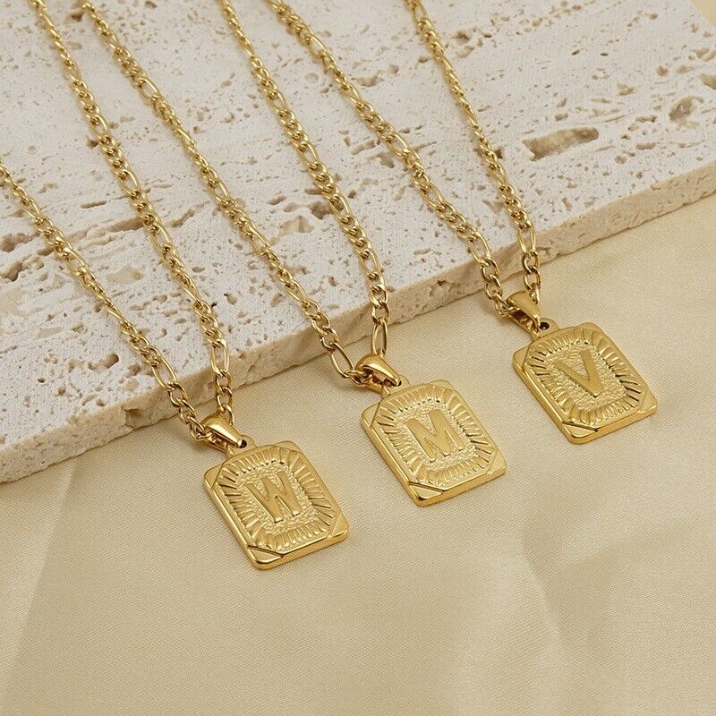 18K Gold-Plated Initial Letter Pendant Necklace — Stainless Steel Figaro Chain