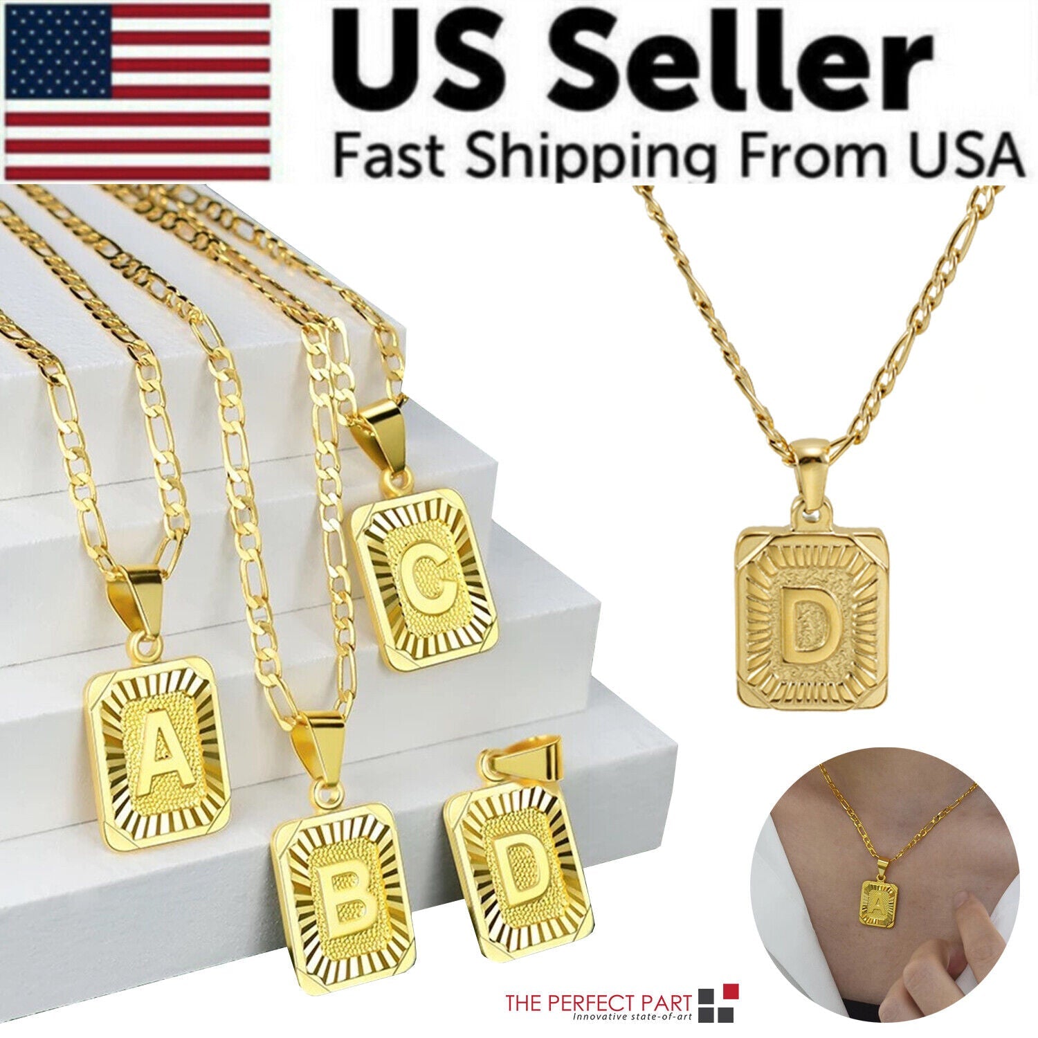 18K Gold-Plated Initial Letter Pendant Necklace — Stainless Steel Figaro Chain