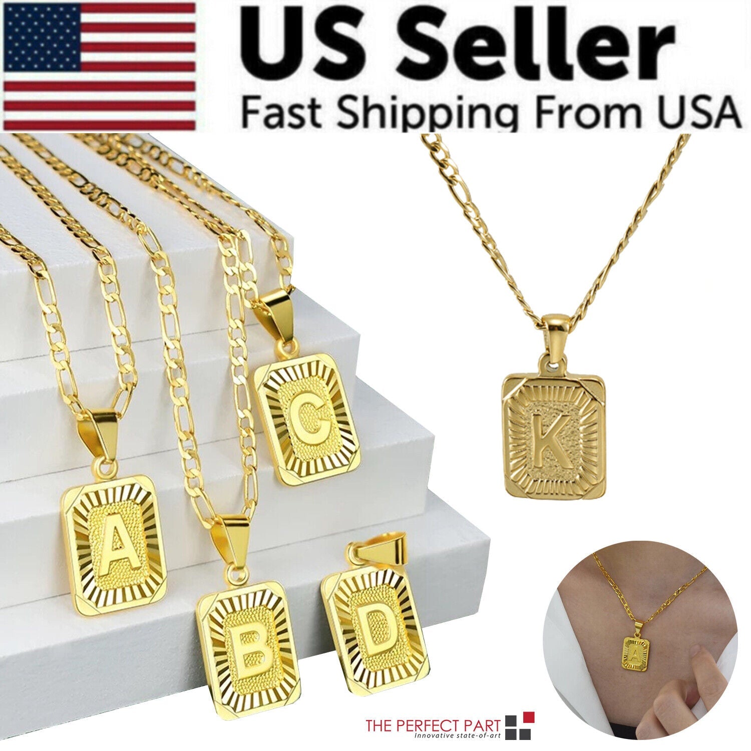 18K Gold-Plated Initial Letter Pendant Necklace — Stainless Steel Figaro Chain