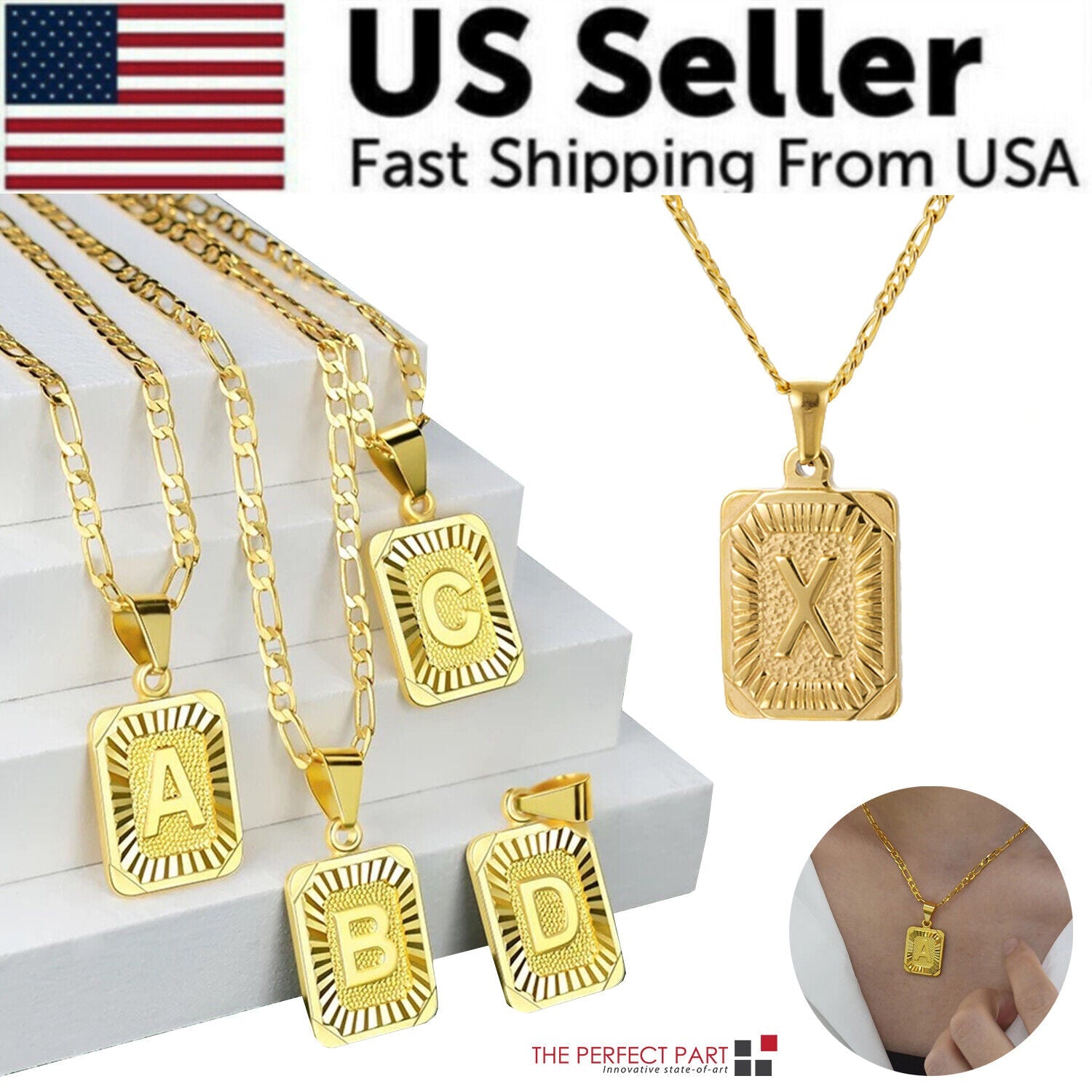 18K Gold-Plated Initial Letter Pendant Necklace — Stainless Steel Figaro Chain