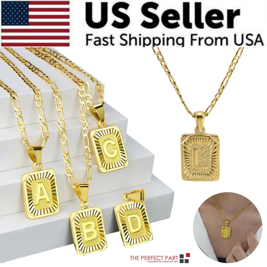 18K Gold-Plated Initial Letter Pendant Necklace — Stainless Steel Figaro Chain