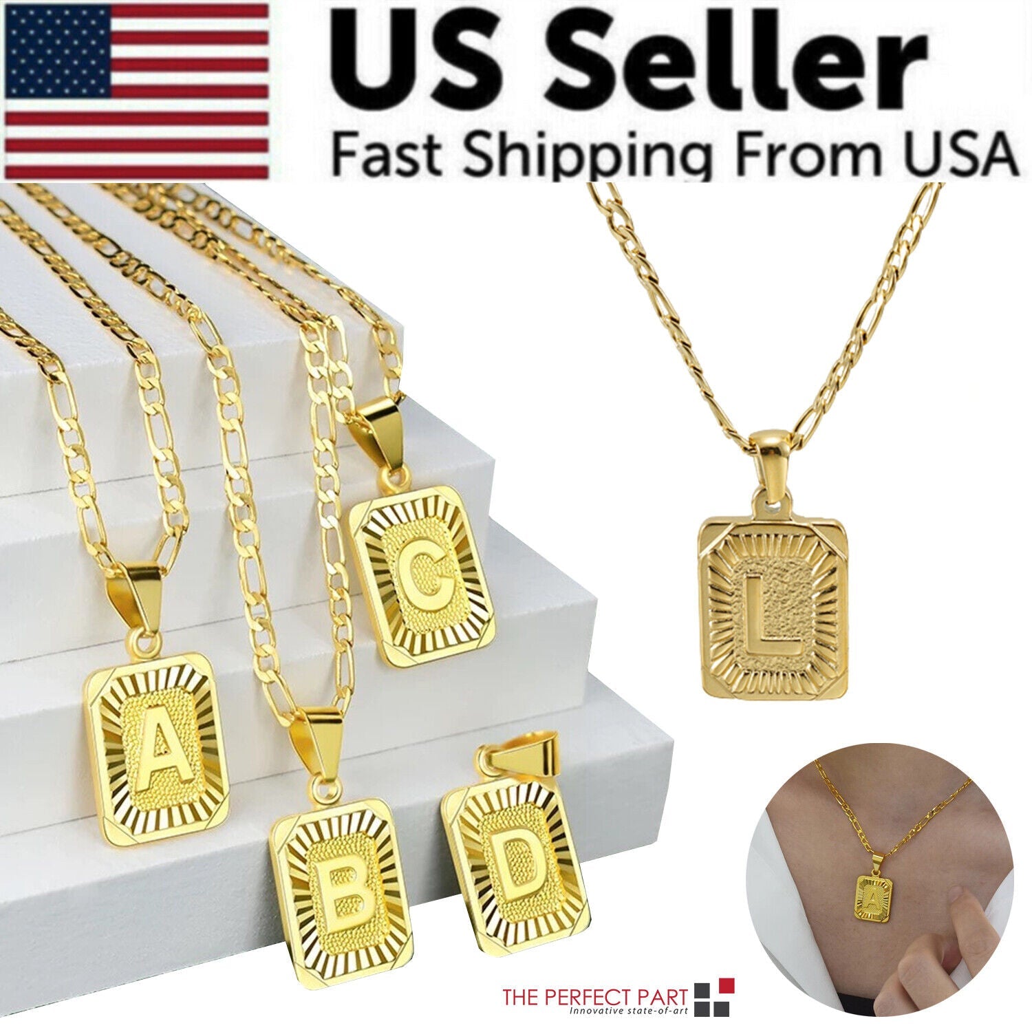 18K Gold-Plated Initial Letter Pendant Necklace — Stainless Steel Figaro Chain