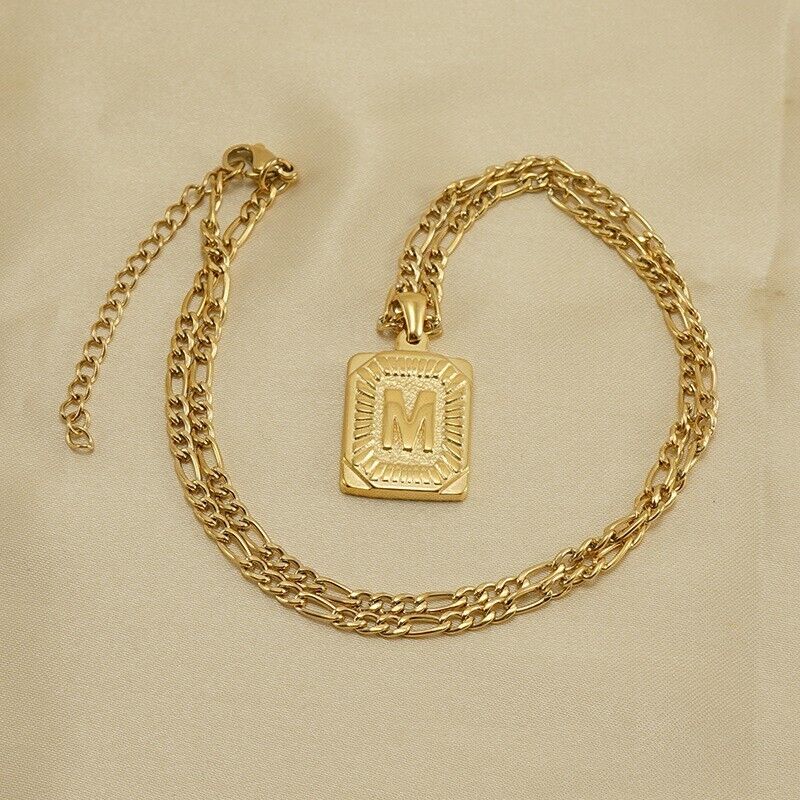 18K Gold-Plated Initial Letter Pendant Necklace — Stainless Steel Figaro Chain