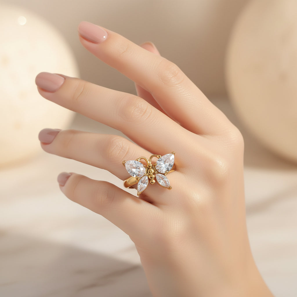 Zircon Butterfly Ring — 18K Gold-Plated Stainless Steel