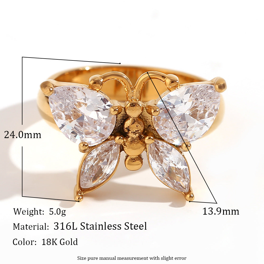Zircon Butterfly Ring — 18K Gold-Plated Stainless Steel