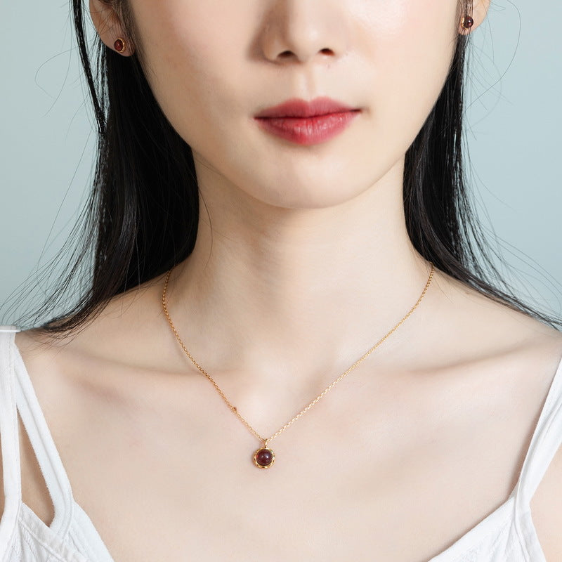 Minimalist Garnet Drop Pendant — 925 Silver & 9K Gold