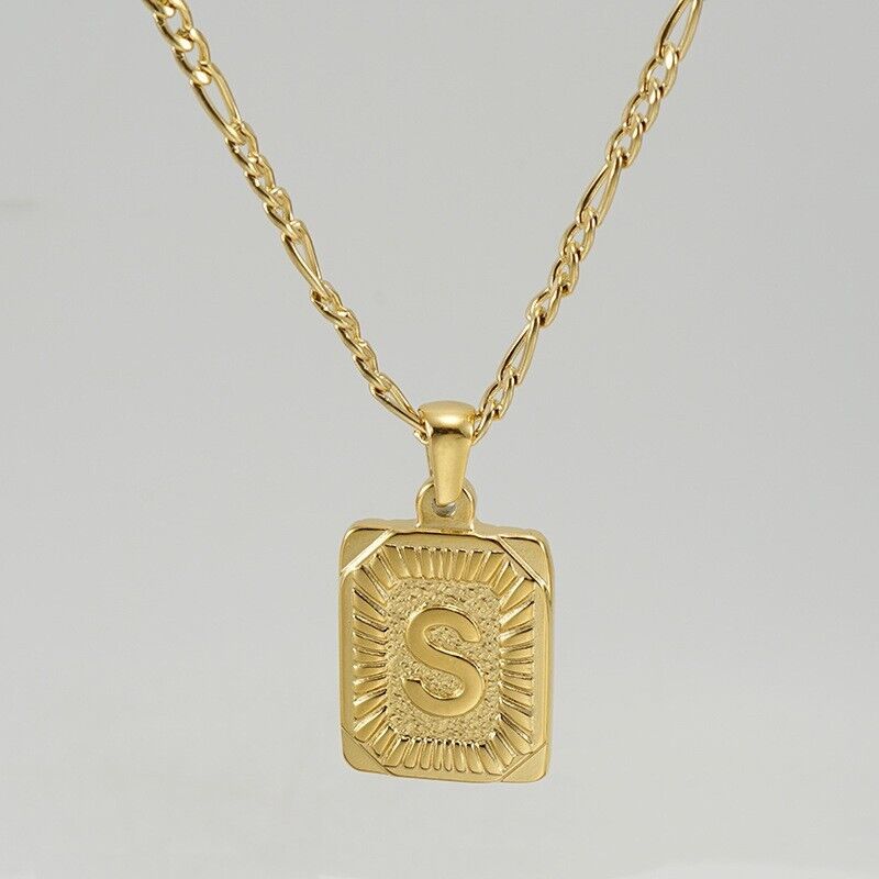 18K Gold-Plated Initial Letter Pendant Necklace — Stainless Steel Figaro Chain