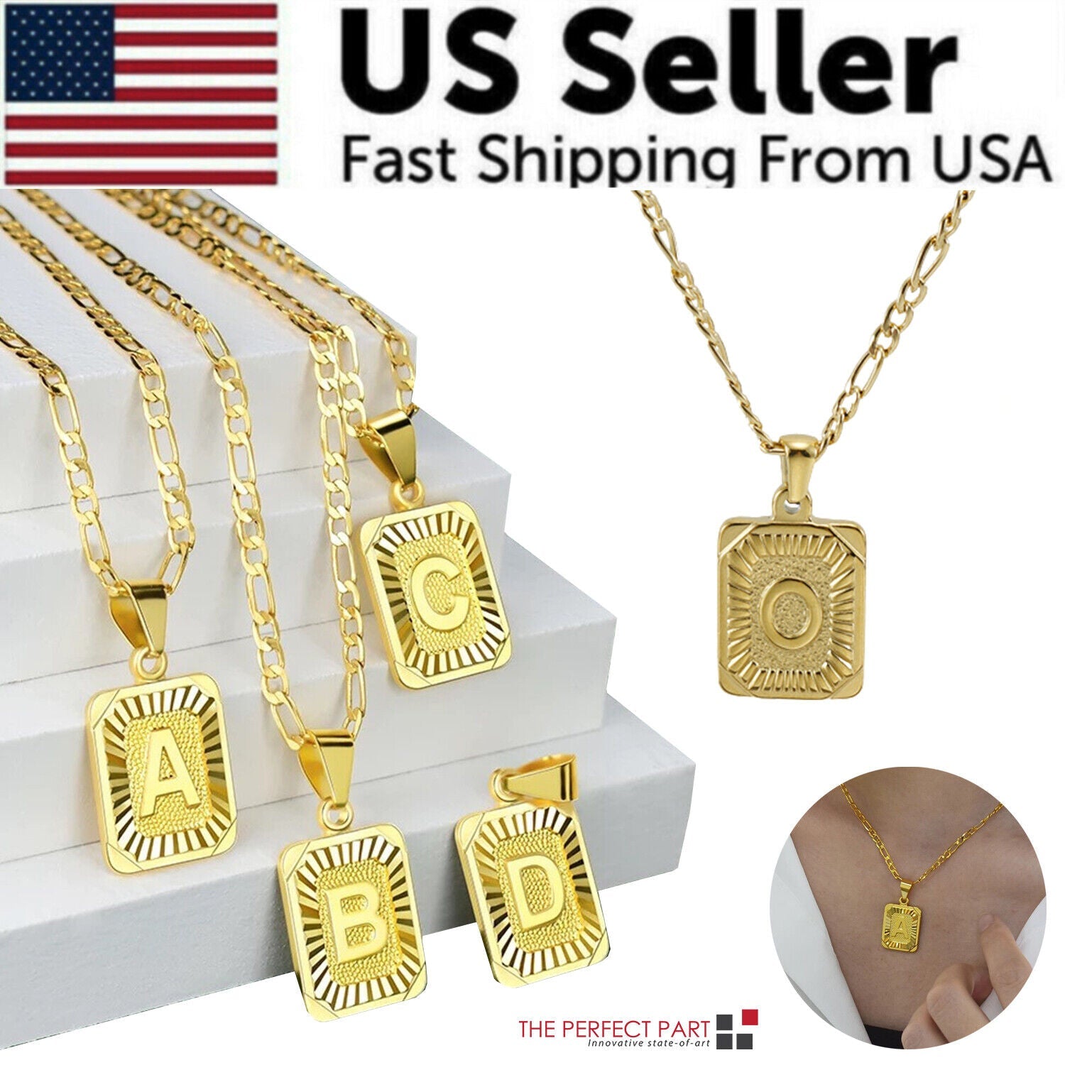 18K Gold-Plated Initial Letter Pendant Necklace — Stainless Steel Figaro Chain