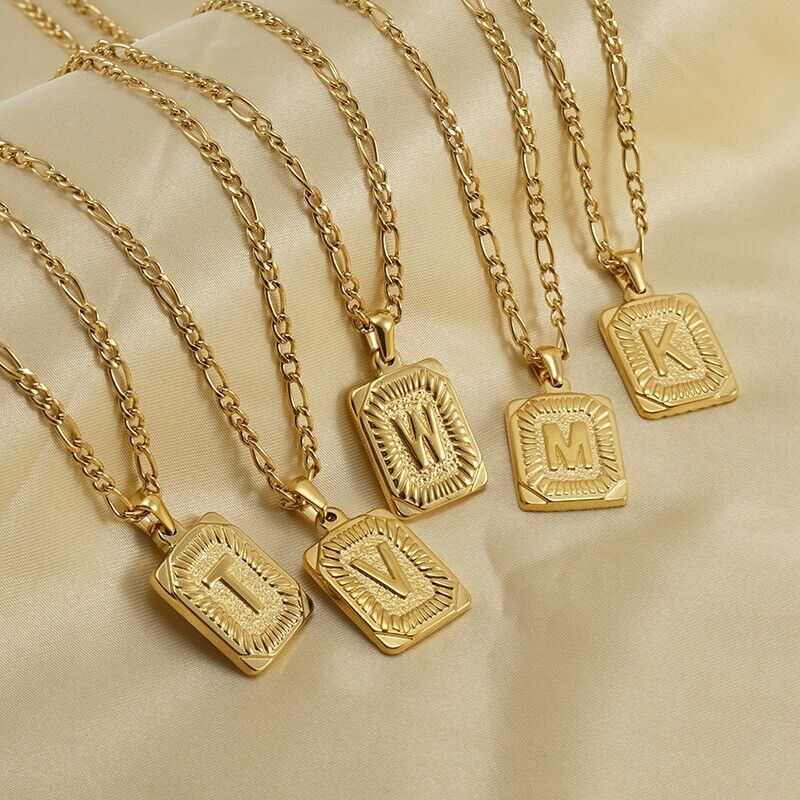 18K Gold-Plated Initial Letter Pendant Necklace — Stainless Steel Figaro Chain
