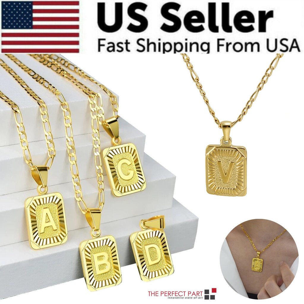 18K Gold-Plated Initial Letter Pendant Necklace — Stainless Steel Figaro Chain