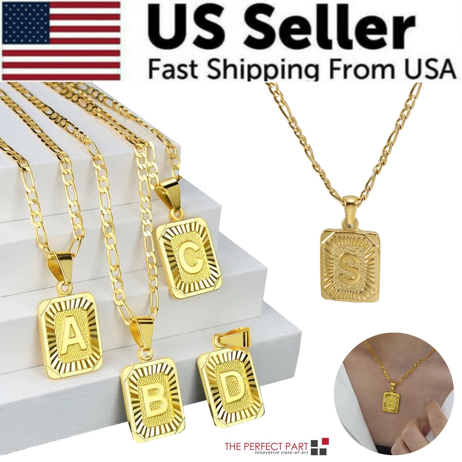 18K Gold-Plated Initial Letter Pendant Necklace — Stainless Steel Figaro Chain