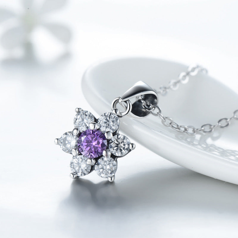 Purple Zircon Floral Pendant Necklace — 925 Sterling Silver