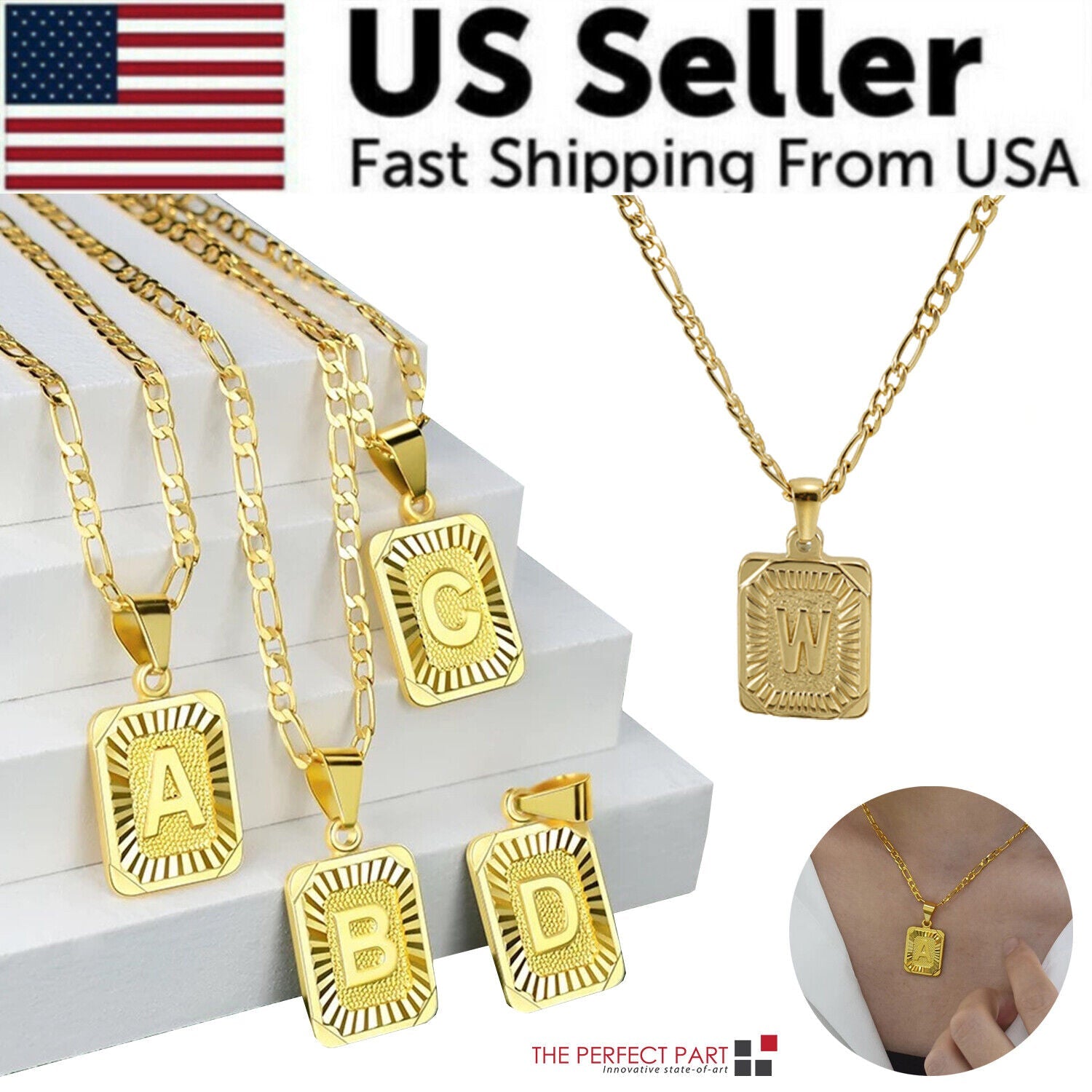 18K Gold-Plated Initial Letter Pendant Necklace — Stainless Steel Figaro Chain