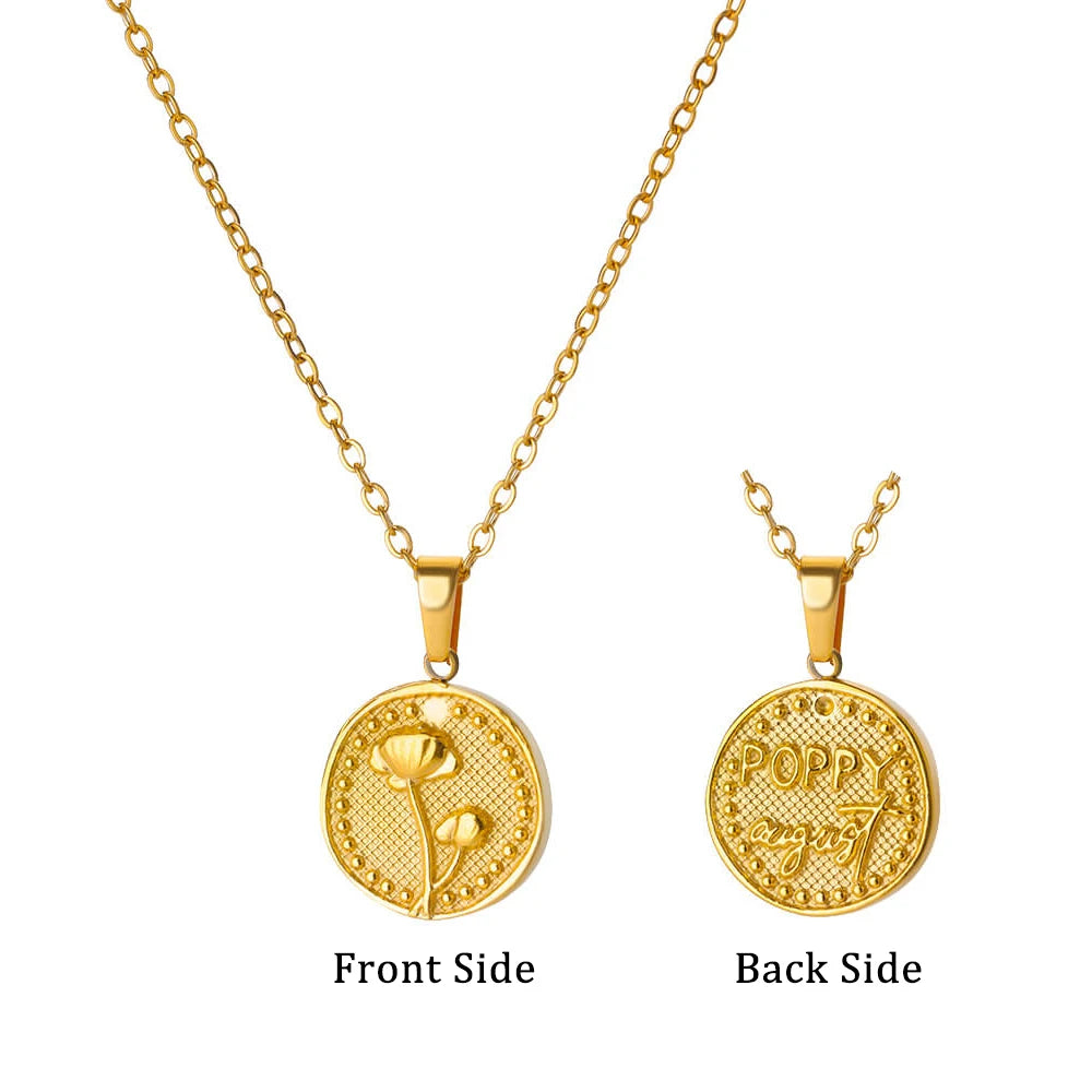 Birth Flower Coin Necklace