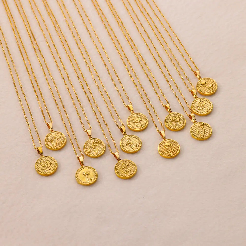 Birth Flower Coin Necklace