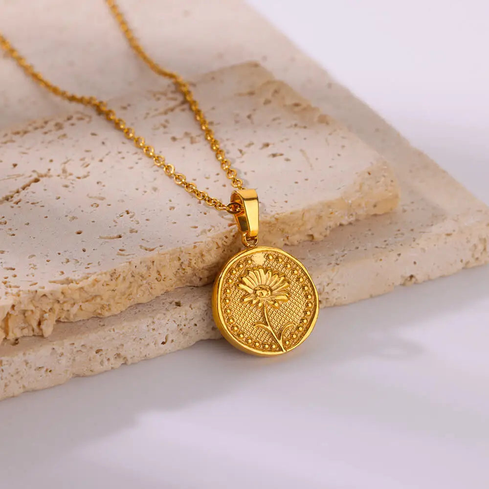 Birth Flower Coin Necklace