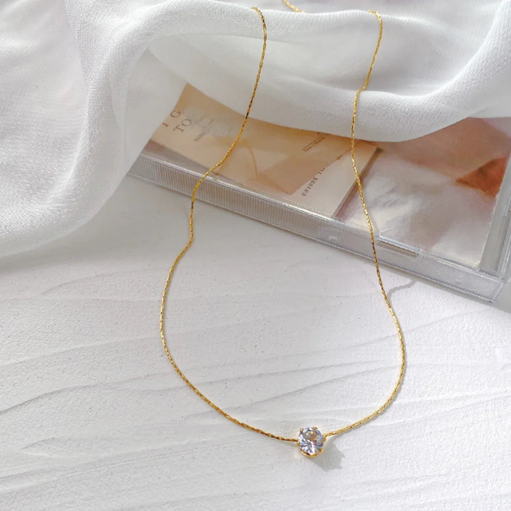 Collier pendentif cristal CZ minimaliste acier inoxydable 18K or Mezyena Jewelry