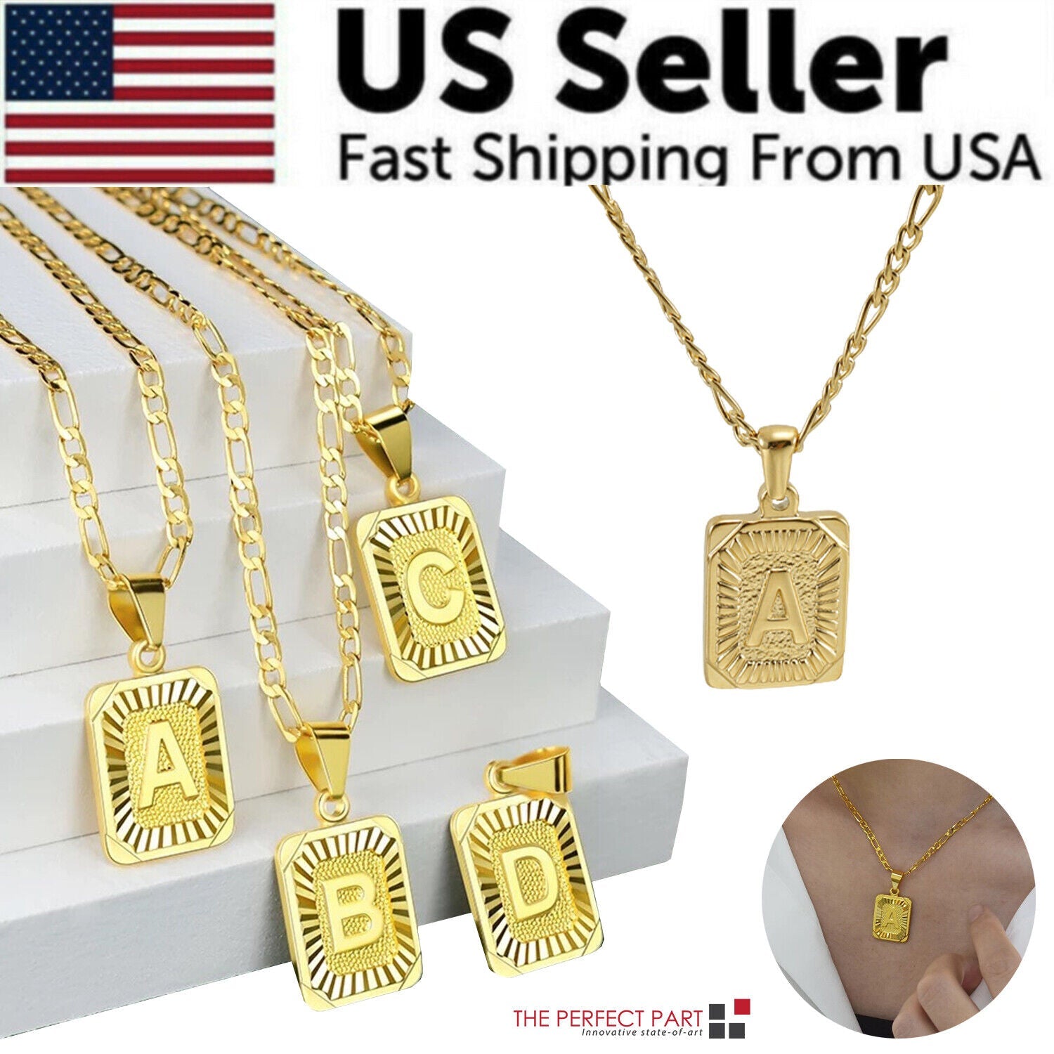 18K Gold-Plated Initial Letter Pendant Necklace — Stainless Steel Figaro Chain
