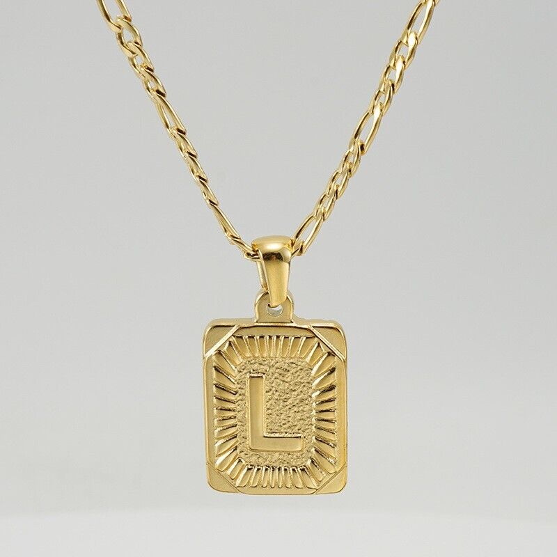 18K Gold-Plated Initial Letter Pendant Necklace — Stainless Steel Figaro Chain