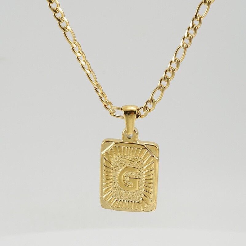 18K Gold-Plated Initial Letter Pendant Necklace — Stainless Steel Figaro Chain