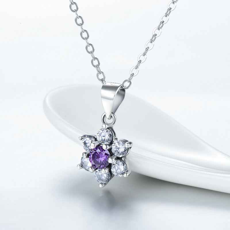 Purple Zircon Floral Pendant Necklace — 925 Sterling Silver