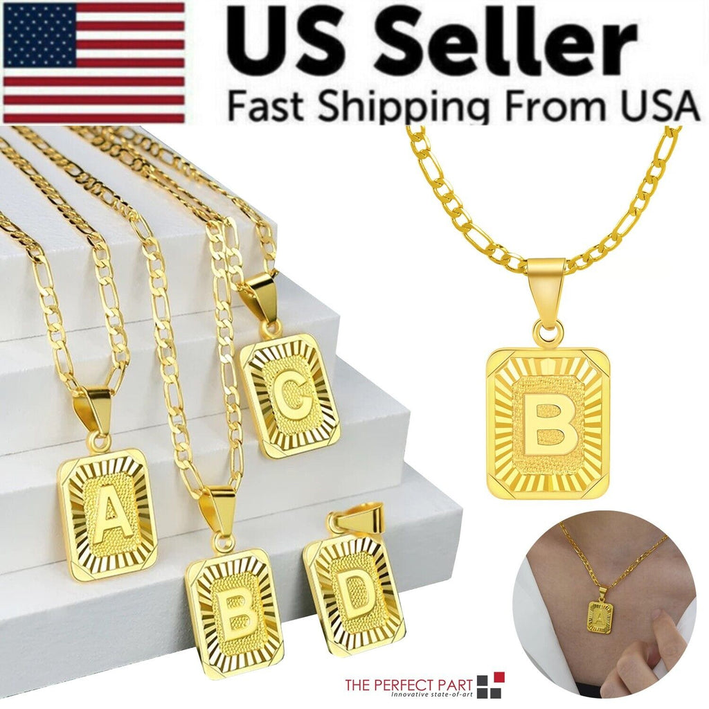 18K Gold-Plated Initial Letter Pendant Necklace — Stainless Steel Figaro Chain