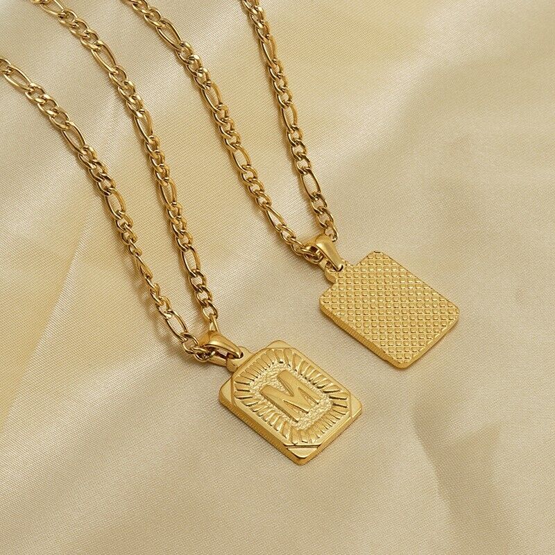 18K Gold-Plated Initial Letter Pendant Necklace — Stainless Steel Figaro Chain