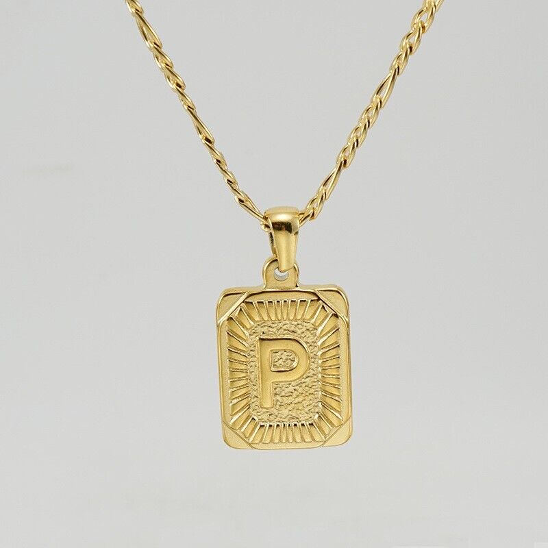 18K Gold-Plated Initial Letter Pendant Necklace — Stainless Steel Figaro Chain