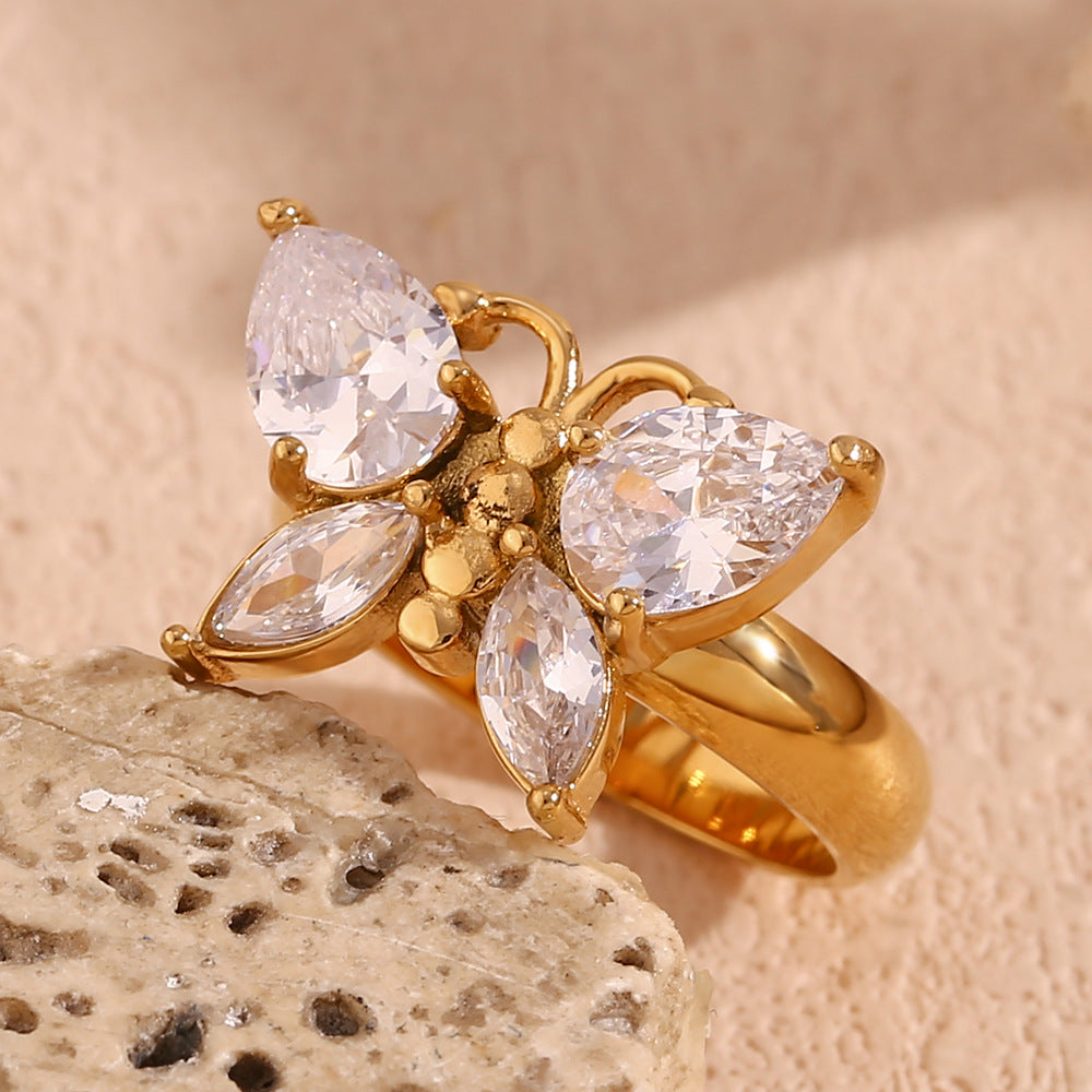 Zircon Butterfly Ring — 18K Gold-Plated Stainless Steel